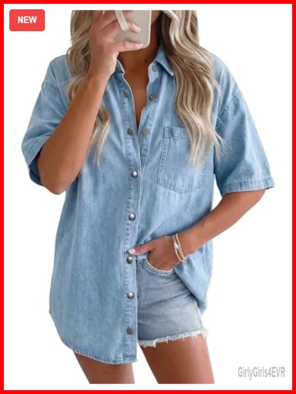 Oversized Short Sleeve Denim Shirt Button Down Cotton Blend Women